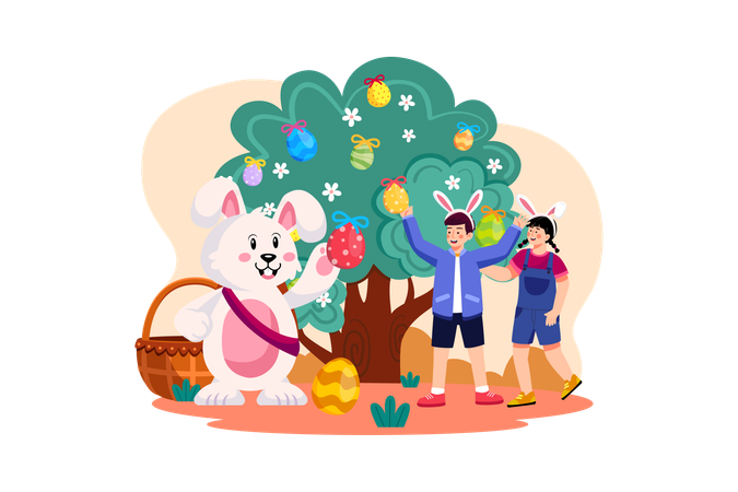 Kids celebrating Easter with easter rabbit  Illustration