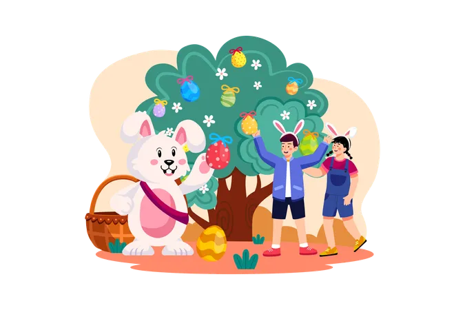 Kids celebrating Easter with easter rabbit  Illustration