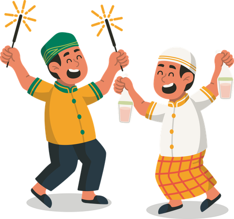 Kids Celebrating Eid al Fitr with Sparkler Firework  Illustration