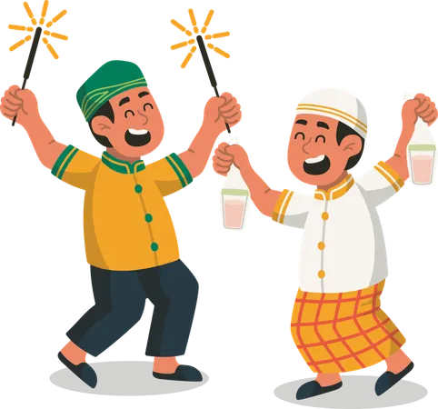 Kids Celebrating Eid al Fitr with Sparkler Firework  Illustration