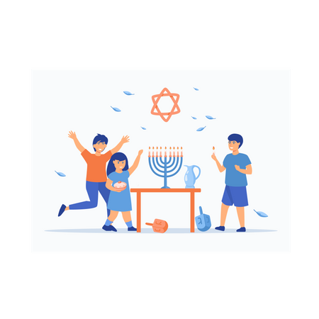 Kids celebrating Hanukkah by lighting candles Illustration