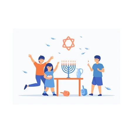 Kids celebrating Hanukkah by lighting candles Illustration