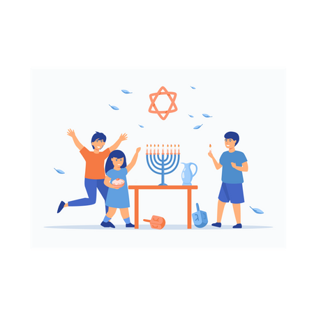 Kids celebrating Hanukkah by lighting candles  Illustration