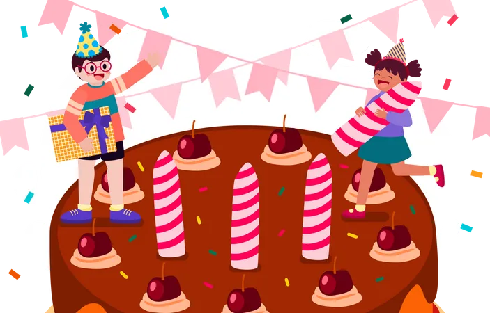 Two Cute Kid With Birthday Cake And Present Box With Colorful Flag On Party In Cartoon Character Flat Design Vector Illustration Illustration