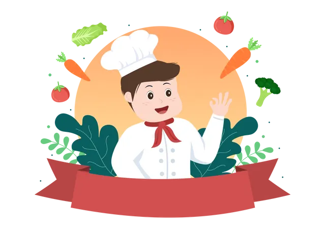 Professional Kids Chef Cartoon Character Cooking Illustration With Different Trays And Food To Serve Delicious Food Suitable For Poster Or Background Illustration