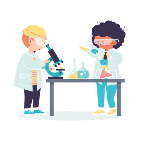 Kids chemists experimentators with microscope  Illustration
