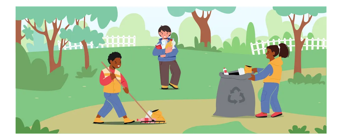 Kids Collect Litter Into Trash Bag With Recycle Sign  Illustration