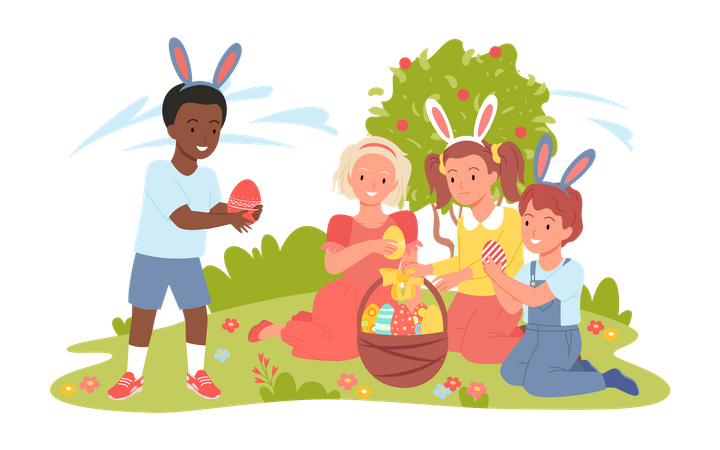 Kids collecting easter eggs  Illustration