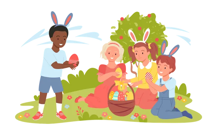 Kids collecting easter eggs  Illustration