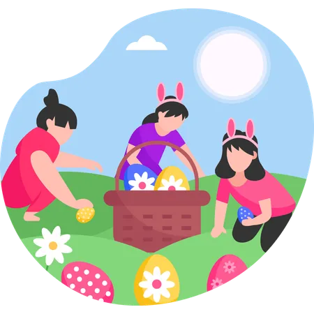 Kids collecting eggs  Illustration