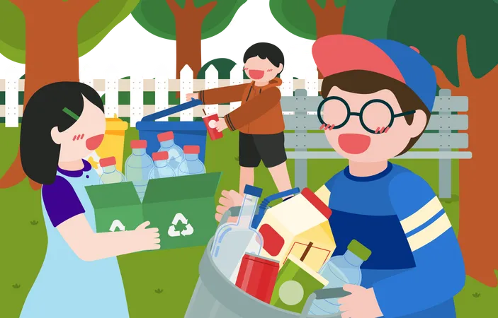 Kids collecting recycle waste in park Illustration