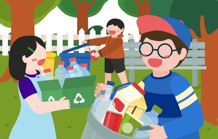 Kids collecting recycle waste in park  Illustration