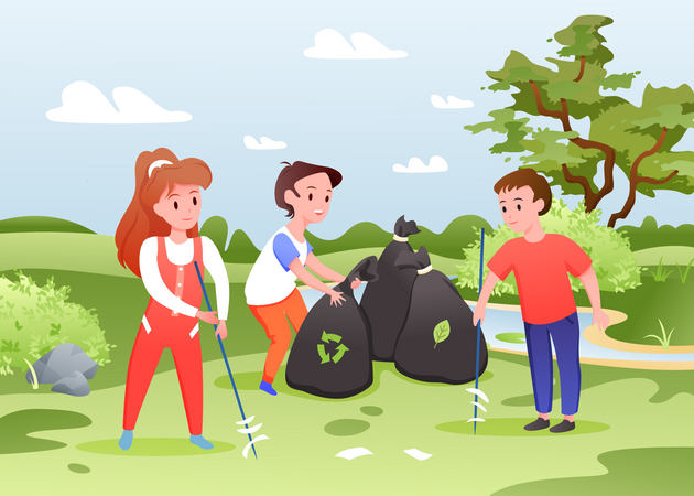 Kids collecting trash for recycling  Illustration