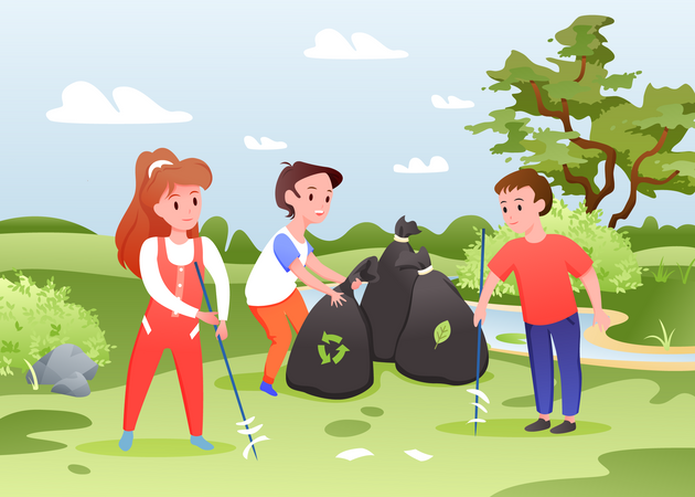 Kids collecting trash for recycling  イラスト