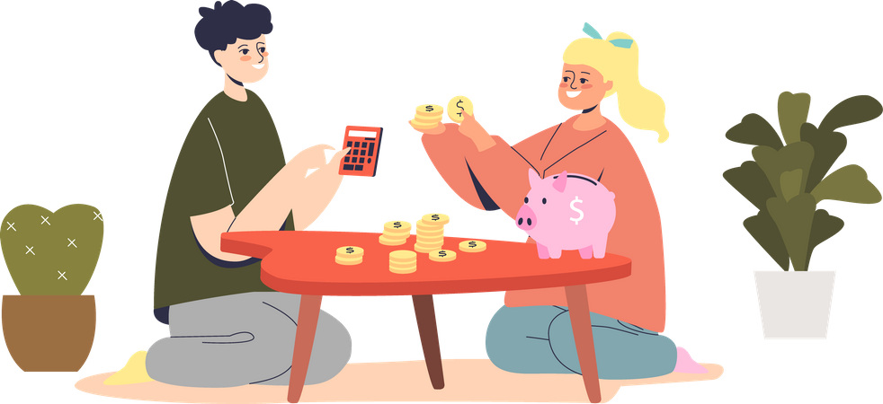 Kids counting money: small boy and girl with savings learning how to plan budget Illustration