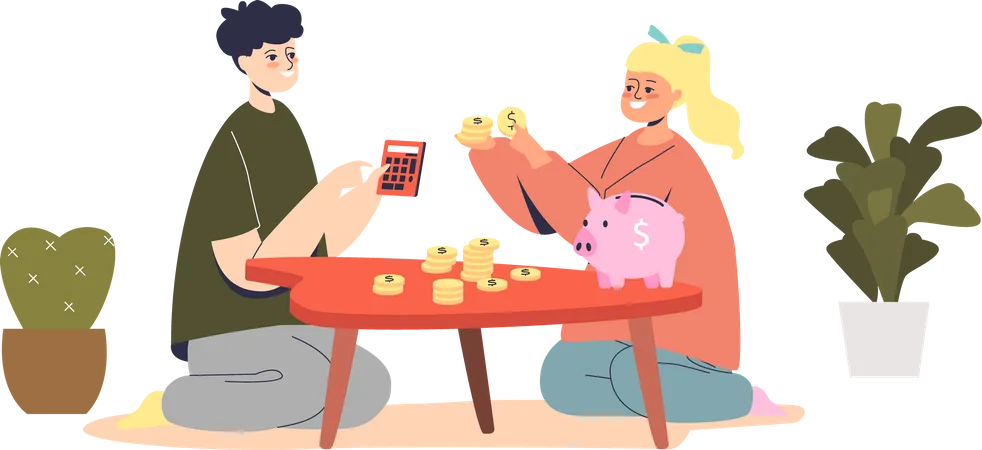 Kids counting money: small boy and girl with savings learning how to plan budget Illustration