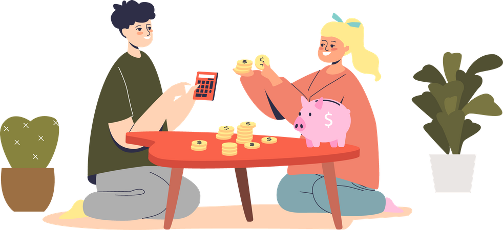 Kids counting money: small boy and girl with savings learning how to plan budget  Illustration