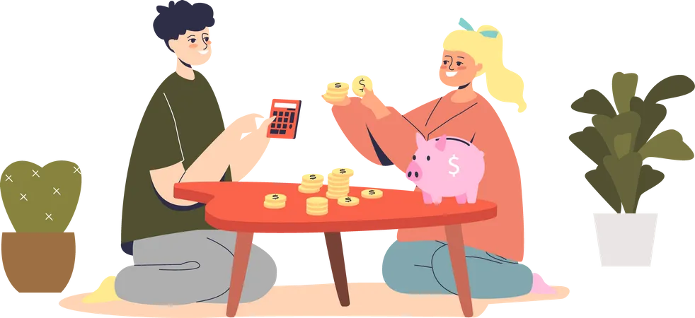 Kids counting money: small boy and girl with savings learning how to plan budget  Illustration