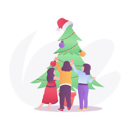 Kids Decorate Christmas Tree  Illustration