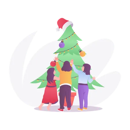 Kids Decorate Christmas Tree  Illustration