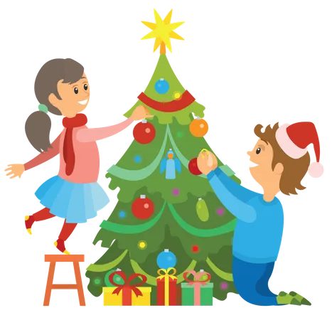 Kids decorating christmas tree Illustration