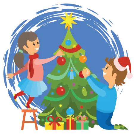 Kids decorating christmas tree Illustration
