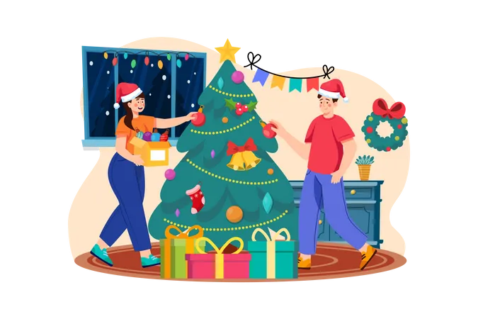 Kids decorating Christmas tree  Illustration