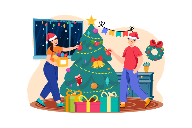 Kids decorating Christmas tree  Illustration