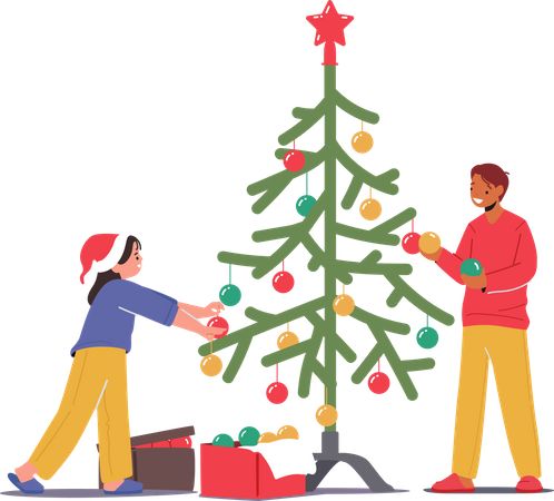 Kids decorating christmas tree together Illustration