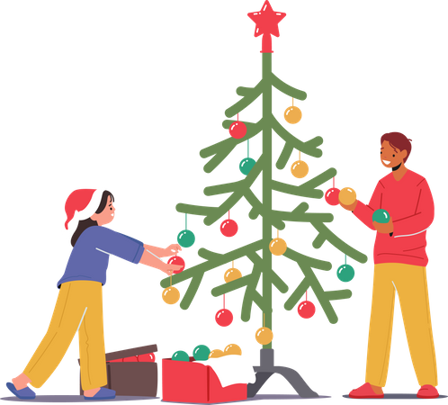 Kids decorating christmas tree together  Illustration