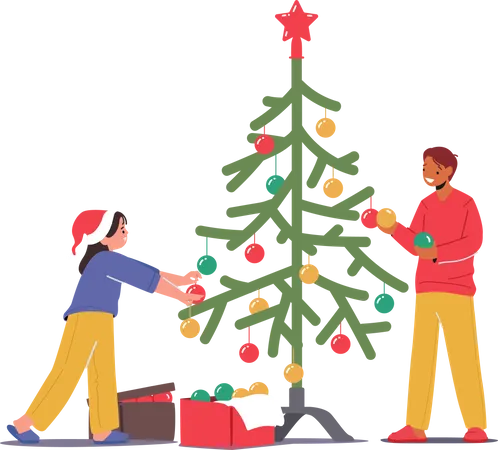 Kids decorating christmas tree together  Illustration