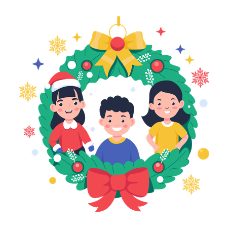 Kids decorating Christmas Wreath  Illustration