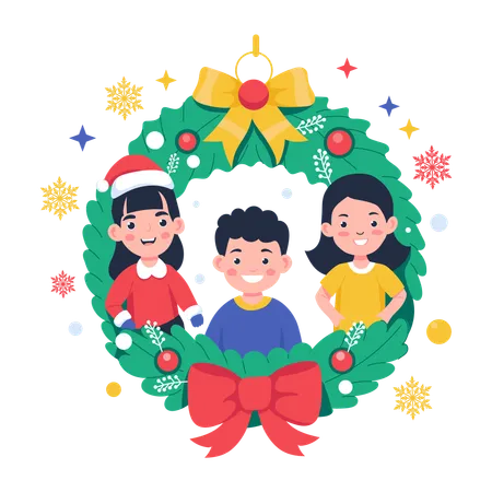 Kids decorating Christmas Wreath  Illustration