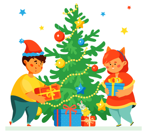 Kids decorating tree  Illustration