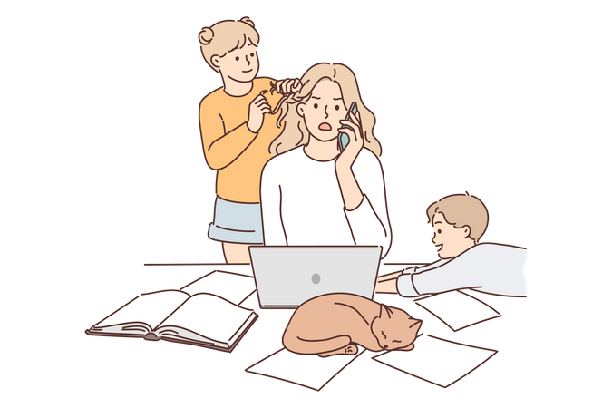 Kids disturbing mother while working  Illustration