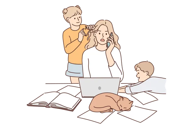 Kids disturbing mother while working  Illustration