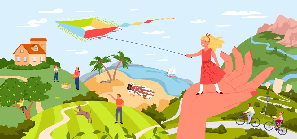Kids doing activities at park such as kite flying and cycling  Illustration