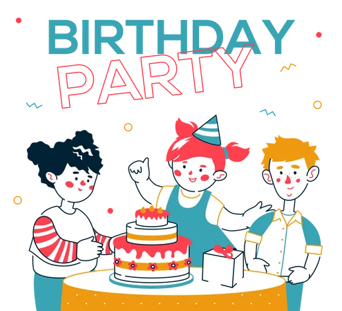 Birthday Party Colorful Line Design Style Illustration With Copy Space For Text Cartoon Characters Cheerful Friends Cute Boy And Girls Eating Birthday Cake Holiday Celebration Fun Party Idea Illustration