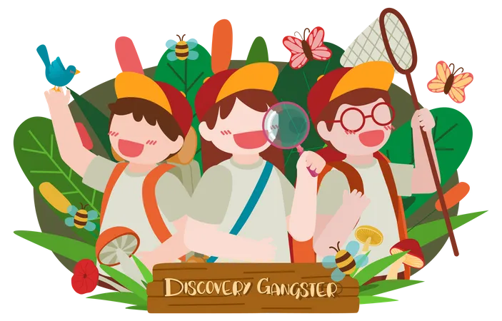 Kids doing discovery in park  Illustration