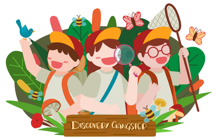 Kids doing discovery in park  Illustration