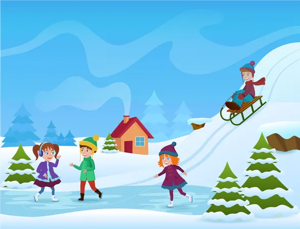 Kids Doing Ice Skating  Illustration