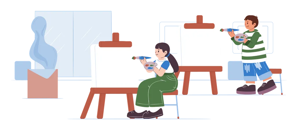 Group Of Cartoon Character Boy And Girl Learning To Paint With Colors On Canvas In Studio Vector Illustration Illustration