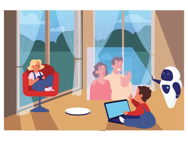 Kids doing virtual video calling with parents  Illustration