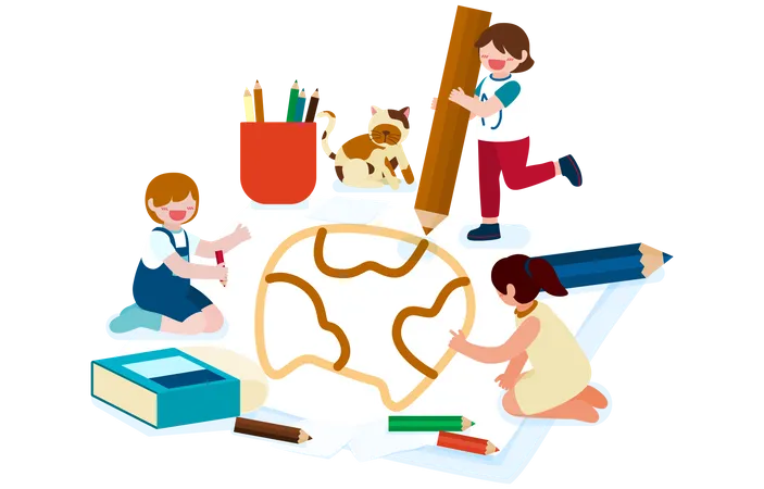 Big Isolated Cartoon Character Vector Illustration Of Cute Kids Drawing Sketching Nad Painting And Learning And Discovering New Illustration