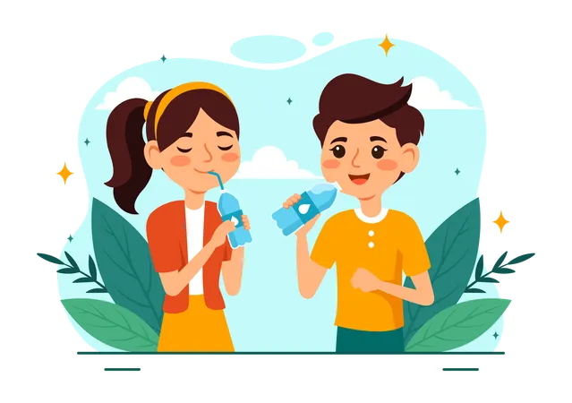 People Drinking Water From Plastic Bottles And Glasses With Pure Clean Fresh Concept In Flat Kids Cartoon Vector Illustration Illustration