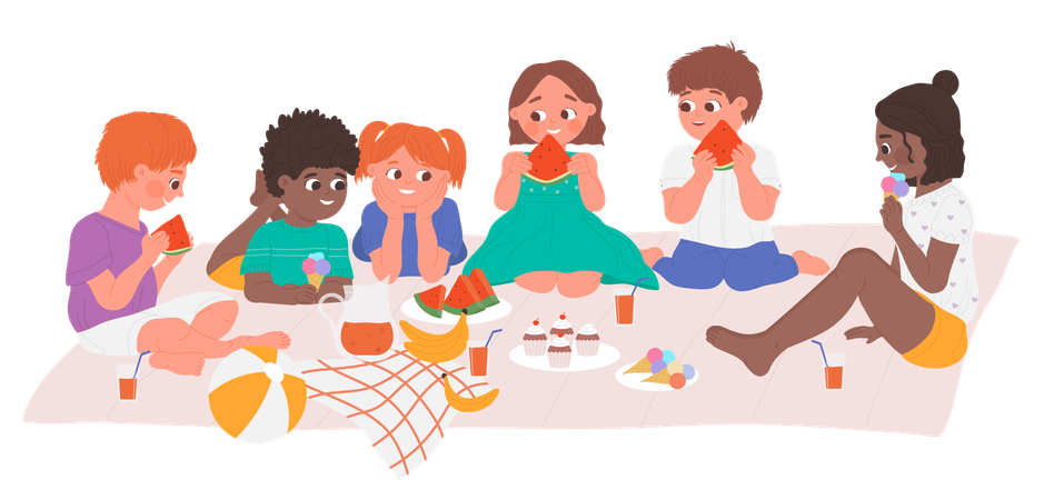 Kids eat picnic food  イラスト