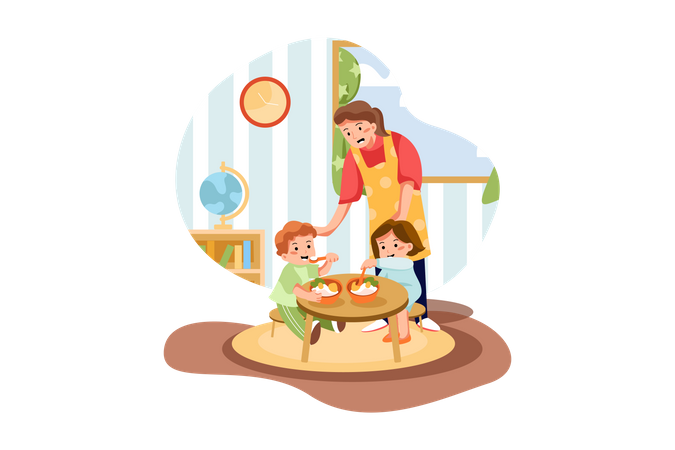 Kids eating meal in preschool Illustration