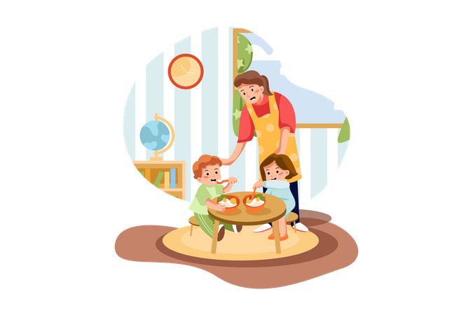 Kids eating meal in preschool  Illustration