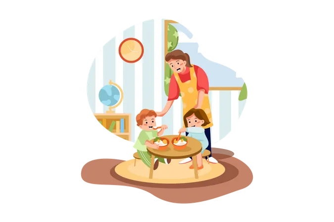 Kids eating meal in preschool  Illustration