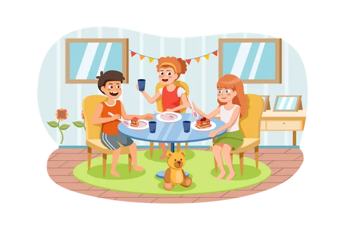 Kids eating meal in preschool  Illustration